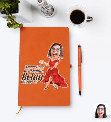 Kişiye Özel Kadın Nihayetinde Karikatürlü Turuncu Termo Deri Defter Kalem Seti Model 1