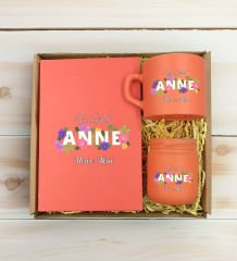 BK Gift Kişiye Özel İsimli DTF Anne Temalı Somon Defter & Kahve Fincanı & Mum Hediye Seti-3, Anneye Hediye, Anneler Günü Hediyesi