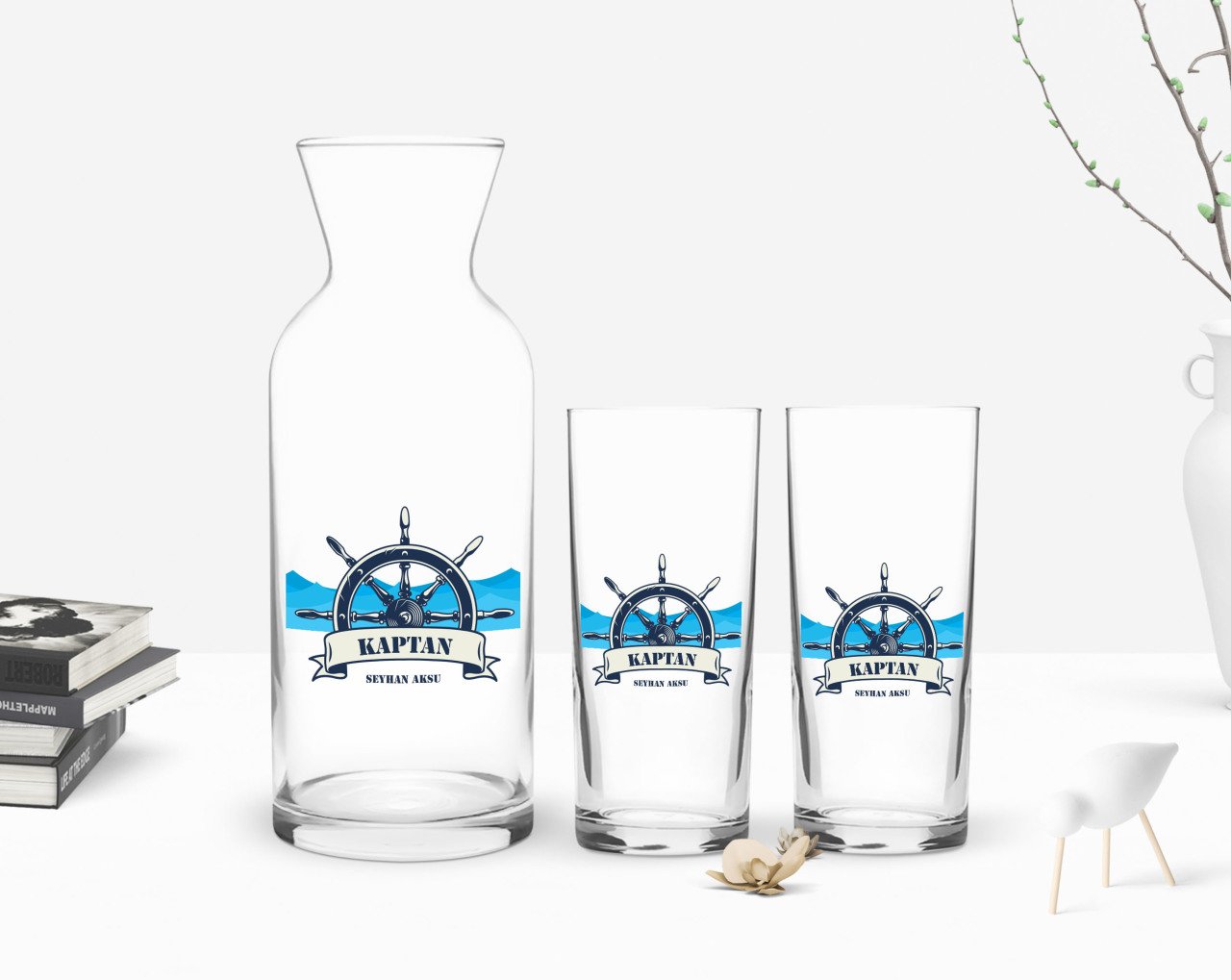 Kişiye Özel Renkli Baskılı Kaptan Tasarımlı İkili Rakı Bardağı ve Karaf Hediye Seti-9