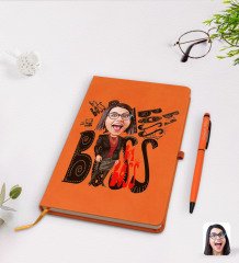 Kişiye Özel Kadın Big Boss Karikatürlü Turuncu Termo Deri Defter Kalem Seti Model 3