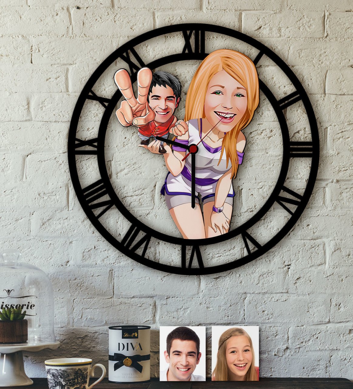 Kişiye Özel Sevgililer Karikatürlü Ahşap Duvar Saati-30