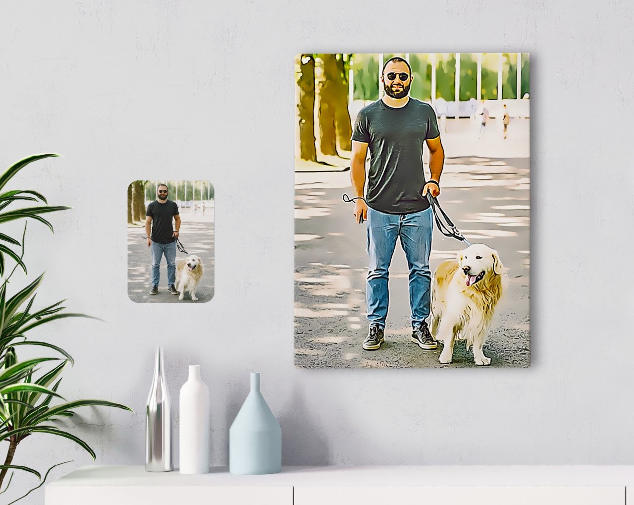 Kişiye Özel Tam Boy Erkek ve Köpek Karikatürlü Kanvas Tablo 30x50cm-1