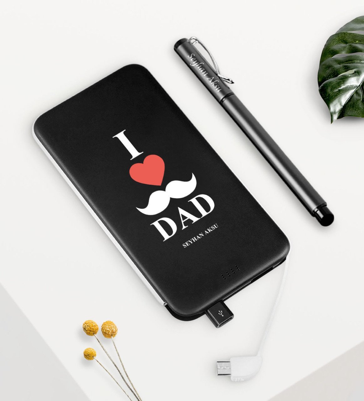 Kişiye Özel Babamı Seviyorum Siyah 5000 mAh Hızlı Şarj Powerbank Kalem Seti