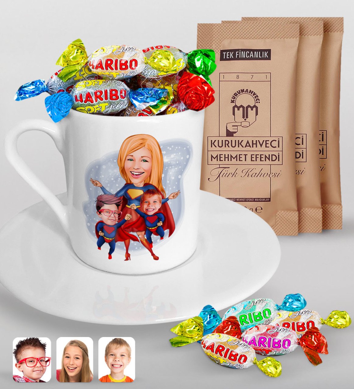 Kişiye Özel Anneler Günü Temalı Süper Anne ve Çocuklar Karikatürlü Türk Kahvesi Fincanı Mehmet Efendi Kahve ve Haribo Şeker Hediye Seti-1