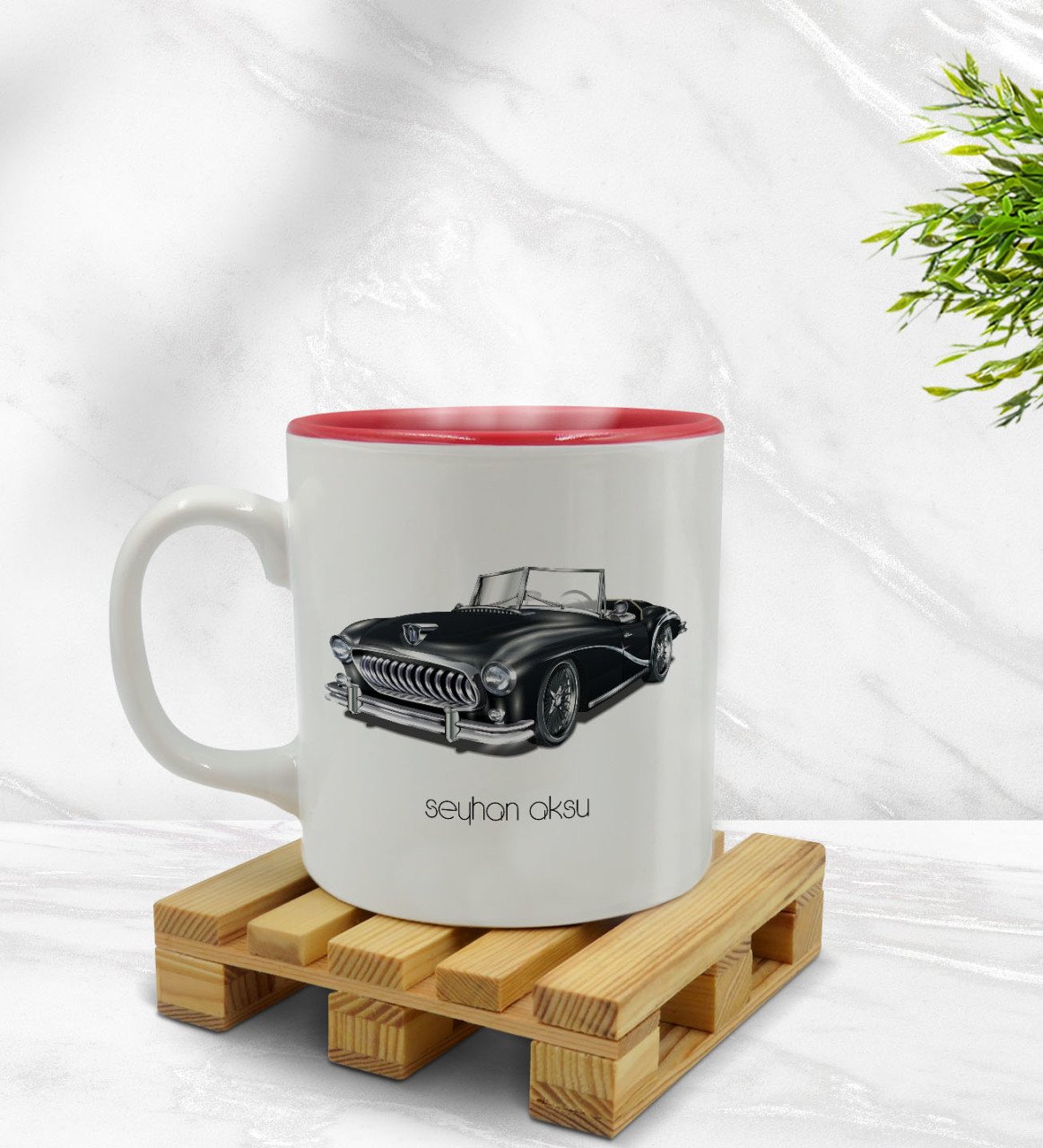 Kişiye Özel Retro Otomobil Tasarımlı İçi Kırmızı Renkli Kupa Bardak Model 1