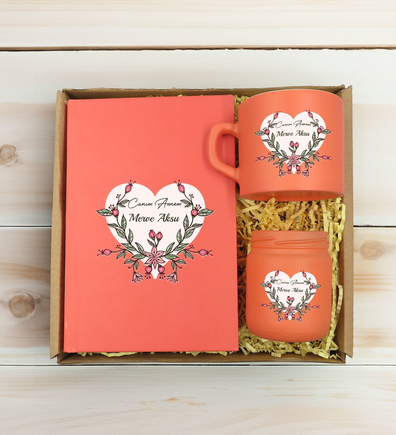 BK Gift Kişiye Özel İsimli DTF Anne Temalı Somon Defter & Kahve Fincanı & Mum Hediye Seti-5, Anneye Hediye, Anneler Günü Hediyesi