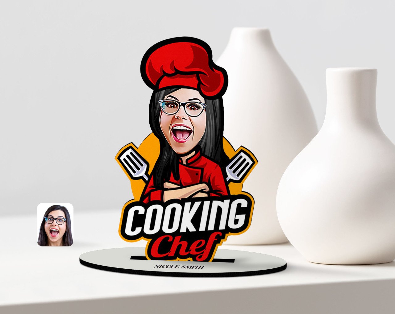 Kişiye Özel Bayan Chef Karikatürlü Ahşap Biblo-11