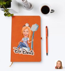 Kişiye Özel Kadın Diş Hekimi Karikatürlü Turuncu Termo Deri Defter Kalem Seti Model 2