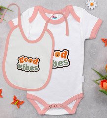 BK Kids Good Vibes Tasarımlı Pembe Bebek Body Zıbın ve Mama Önlüğü Hediye Seti-1