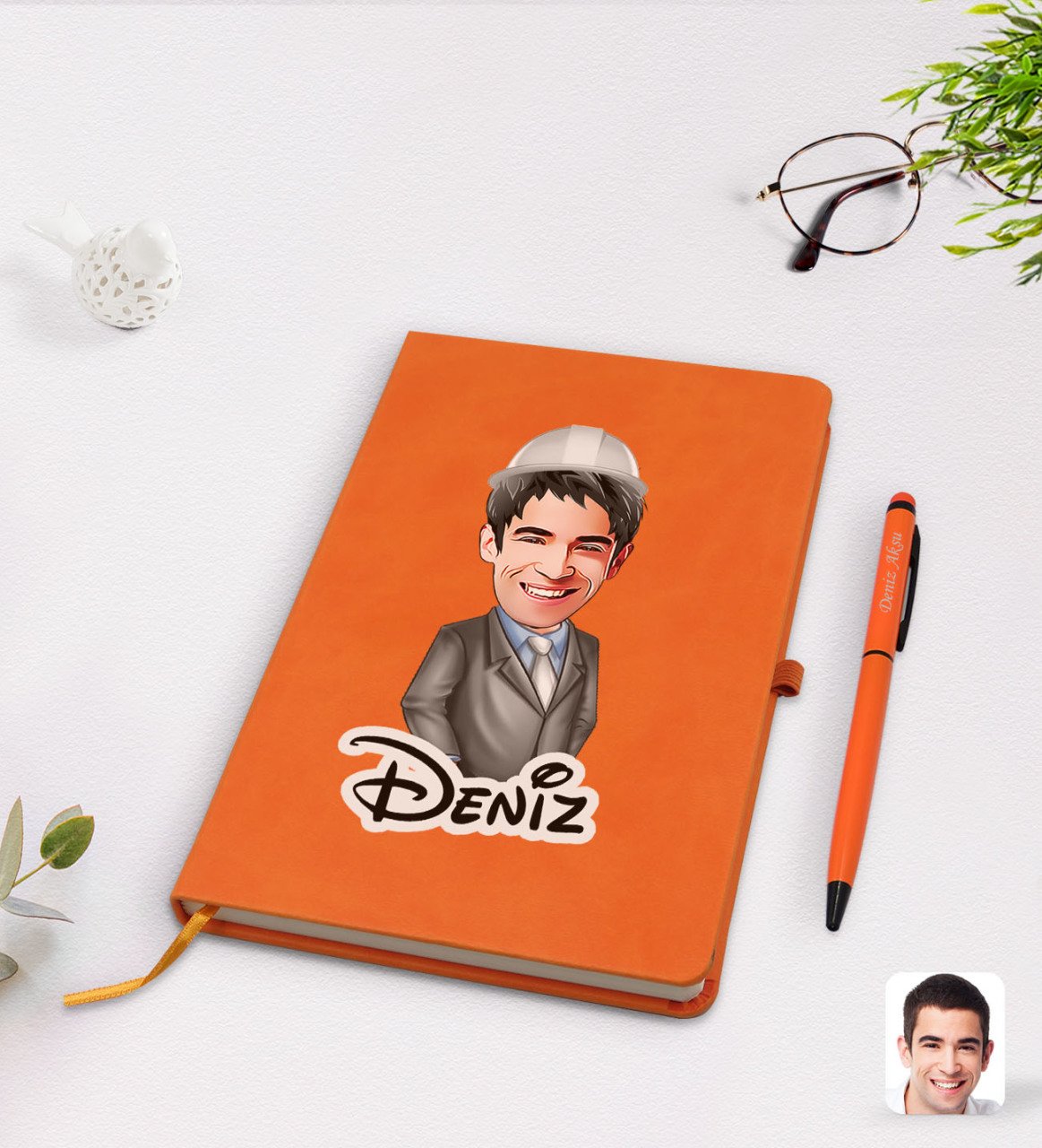 Kişiye Özel Erkek Mühendis Karikatürlü Turuncu Termo Deri Defter Kalem Seti Model 1
