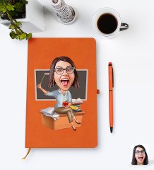 Kişiye Özel Kadın Öğretmen Karikatürlü Turuncu Termo Deri Defter Kalem Seti Model 2
