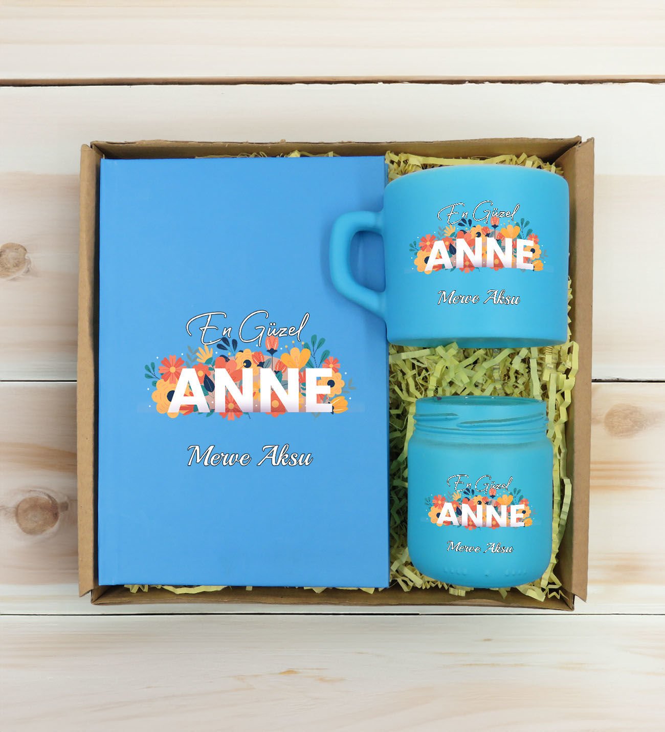 BK Gift Kişiye Özel İsimli DTF Anne Temalı Turkuaz Defter & Kahve Fincanı & Mum Hediye Seti-2, Anneye Hediye, Anneler Günü Hediyesi