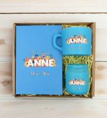 BK Gift Kişiye Özel İsimli DTF Anne Temalı Turkuaz Defter & Kahve Fincanı & Mum Hediye Seti-2, Anneye Hediye, Anneler Günü Hediyesi