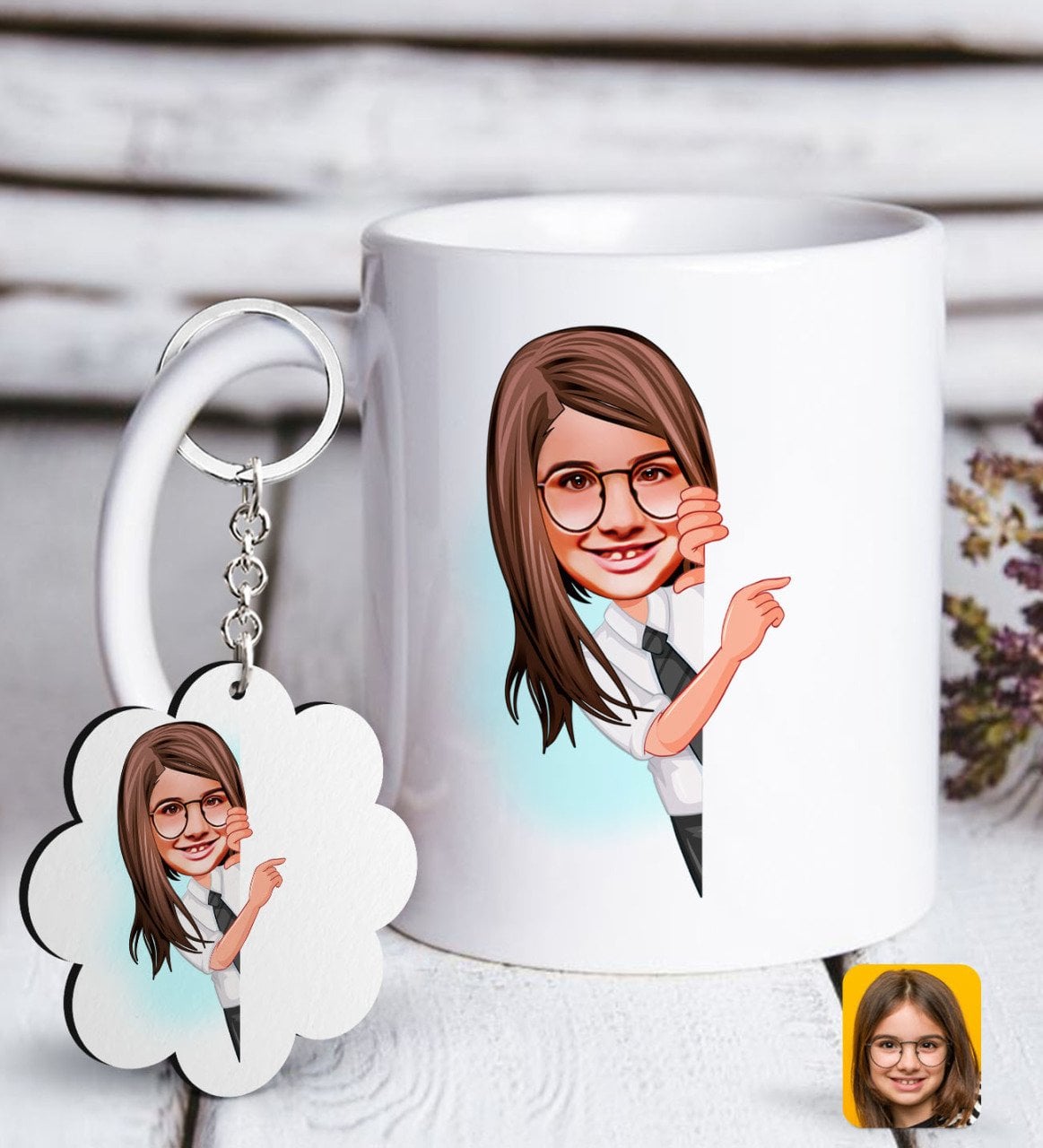 Kişiye Özel Kız Çocuk Karikatürlü Beyaz Kupa ve Anahtarlık Hediye Seti-1