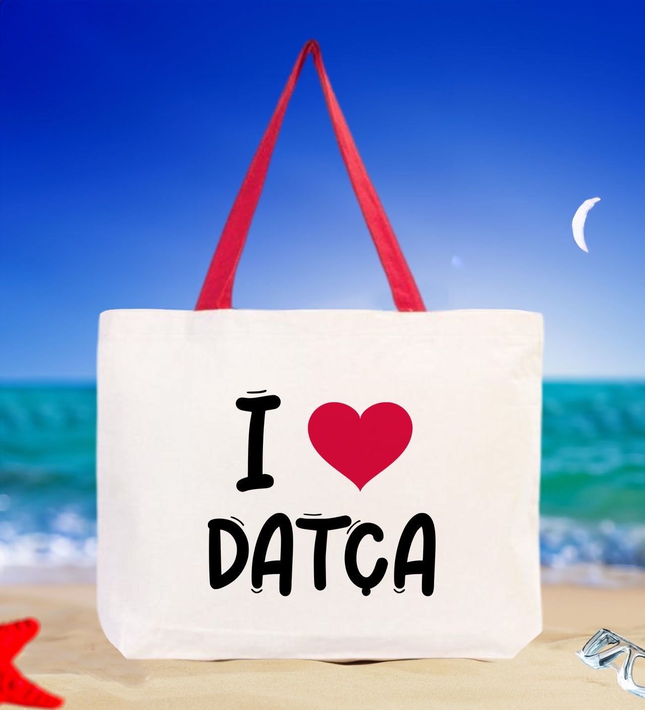 BK Gift I Love Datça Kırmızı Renkli Kulp Kanvas Plaj Çantası 48x40m, Baskılı Omuz Çantası, Alışveriş Çantası