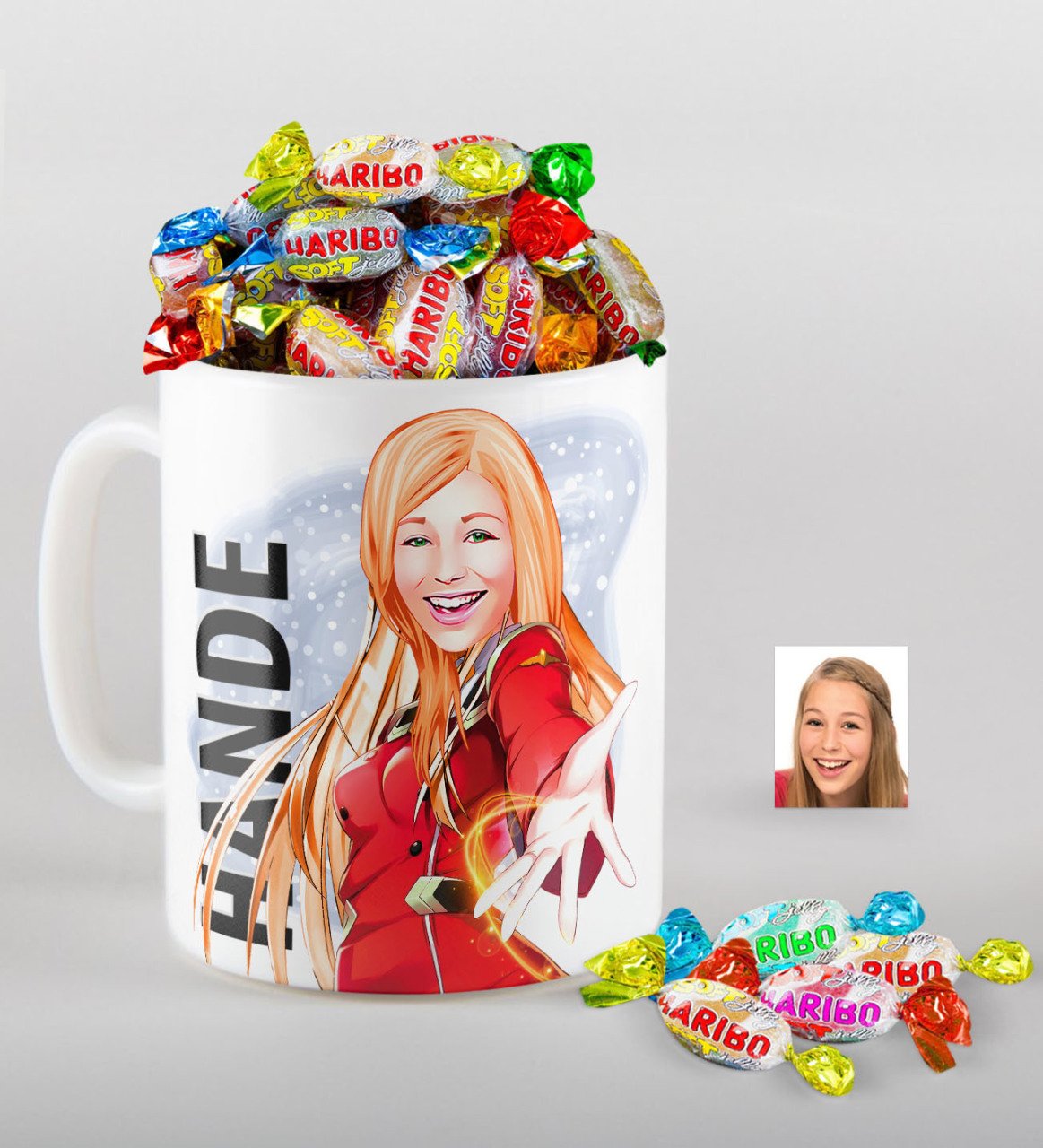 Kişiye Özel İsimli Bayan Karikatürlü Kupa ve Haribo Fruitbons Şeker Hediye Seti-34