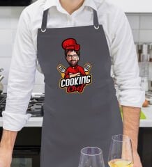 BK Gift Kişiye Özel Erkek Chef Karikatürlü Profesyonel Antrasit Mutfak Önlüğü, Aşçı Önlüğü, Şef Önlüğü, Arkadaşa Hediye-3