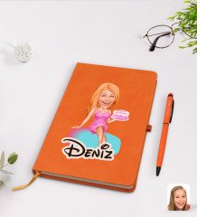 Kişiye Özel Kadın Doğum Günü Karikatürlü Turuncu Termo Deri Defter Kalem Seti Model 2