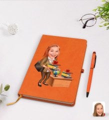 Kişiye Özel Kadın Öğretmen Karikatürlü Turuncu Termo Deri Defter Kalem Seti Model 4