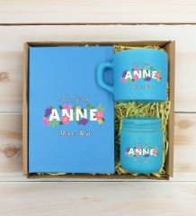 BK Gift Kişiye Özel İsimli DTF Anne Temalı Turkuaz Defter & Kahve Fincanı & Mum Hediye Seti-3, Anneye Hediye, Anneler Günü Hediyesi