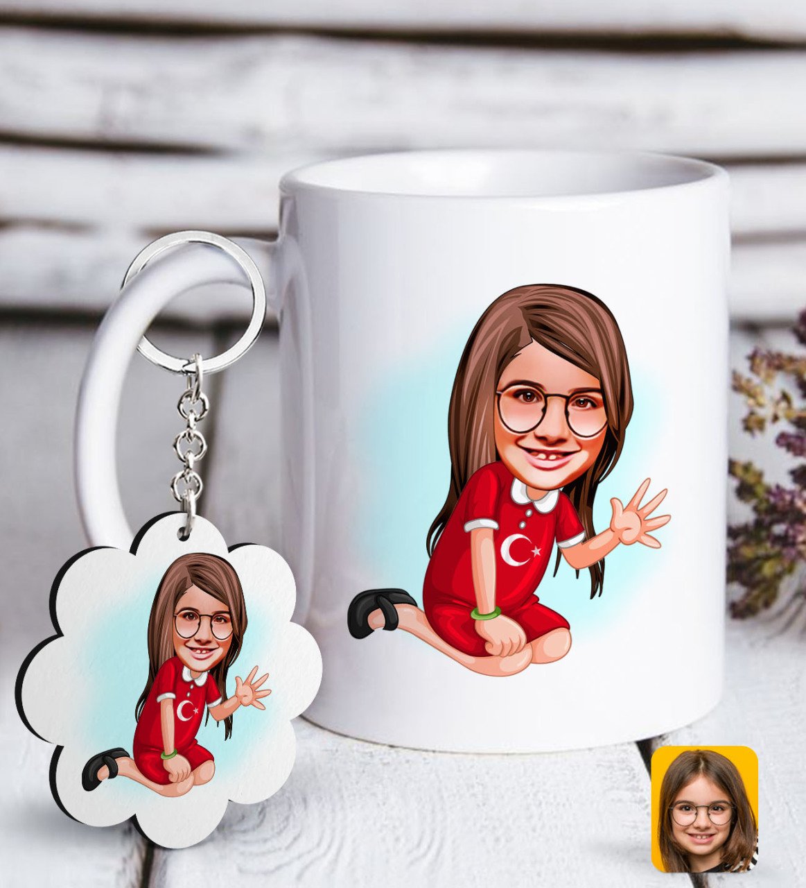 Kişiye Özel Kız Çocuk Karikatürlü Beyaz Kupa ve Anahtarlık Hediye Seti-2