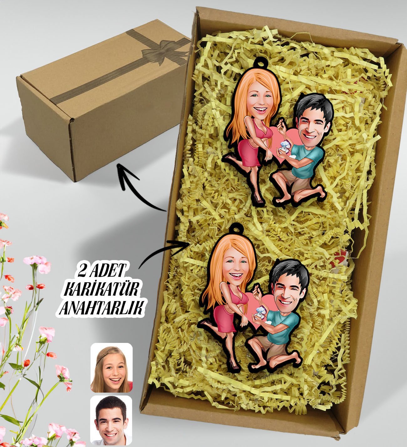 BK Gift Hediye Kutulu Kişiye Özel Sevgililer Karikatürlü Ahşap 2'li Ahşap Anahtarlık-19