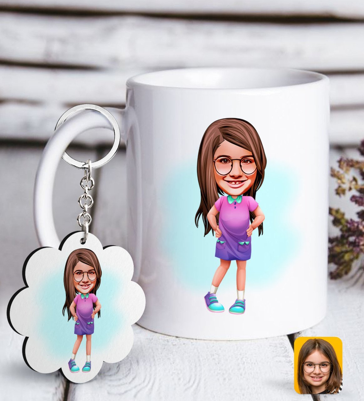 Kişiye Özel Kız Çocuk Karikatürlü Beyaz Kupa ve Anahtarlık Hediye Seti-3