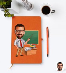 Kişiye Özel Erkek Öğretmen Karikatürlü Turuncu Termo Deri Defter Kalem Seti Model 1