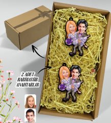BK Gift Hediye Kutulu Kişiye Özel Sevgililer Karikatürlü Ahşap 2'li Ahşap Anahtarlık-56