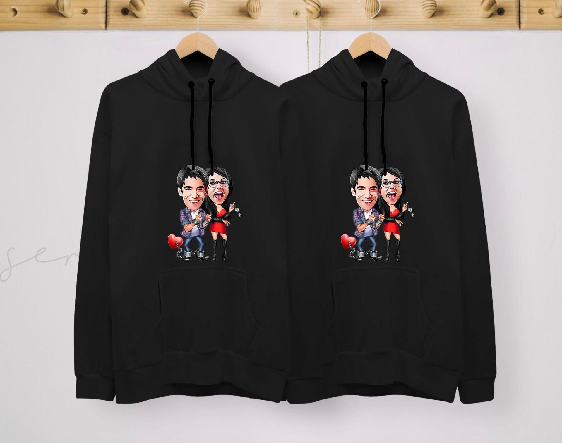 BK Gift Kişiye Özel Sevgililer Karikatürlü İkili Siyah Sweatshirt Seti, Sevgililer Hediye, Çift Hediyesi, Yıl Dönümü Hediyesi, Kişiye Özel Sweatshirt-1