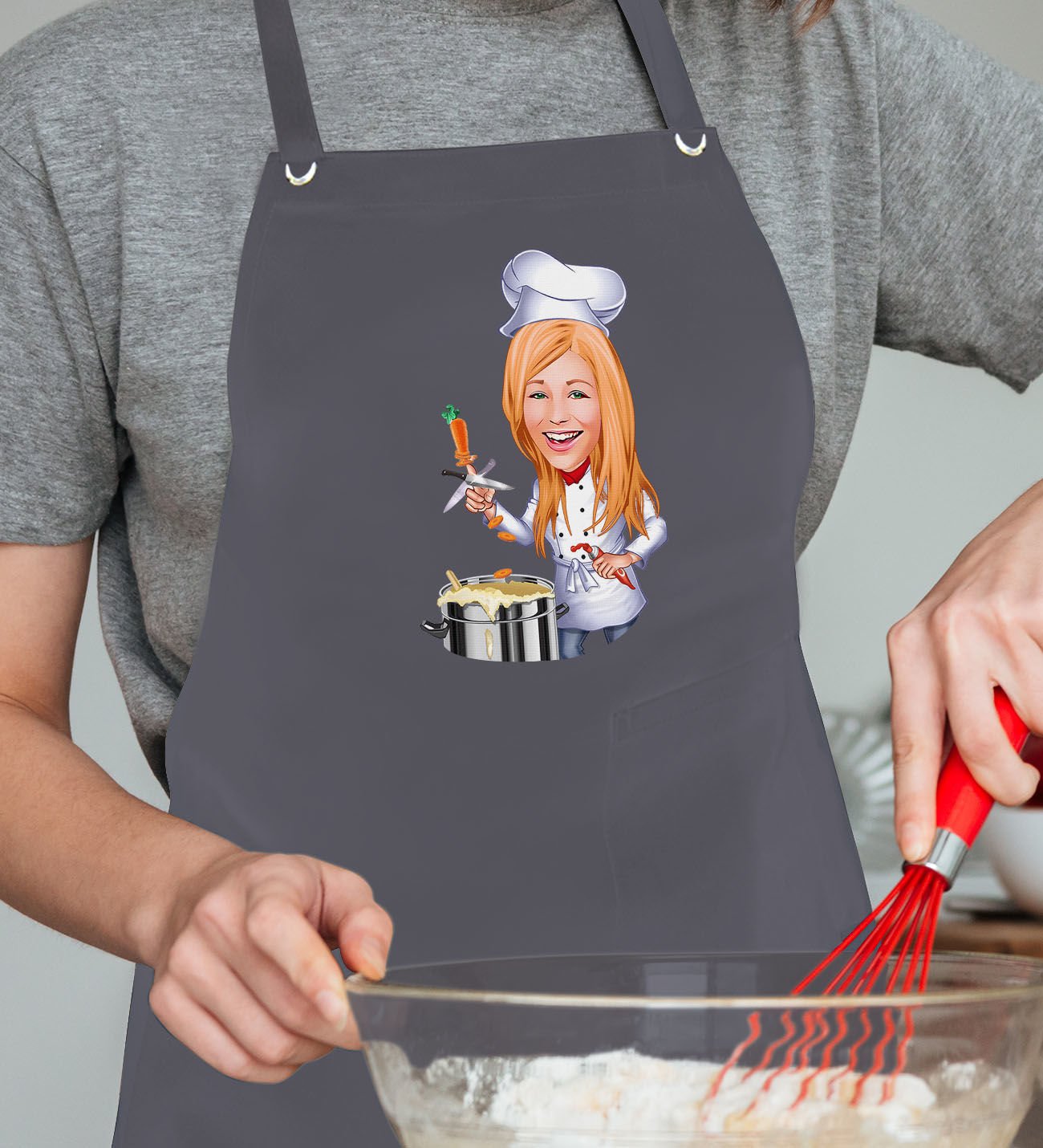 BK Gift Kişiye Özel Kadın Chef Karikatürlü Profesyonel Antrasit Mutfak Önlüğü, Aşçı Önlüğü, Şef Önlüğü, Arkadaşa Hediye-1