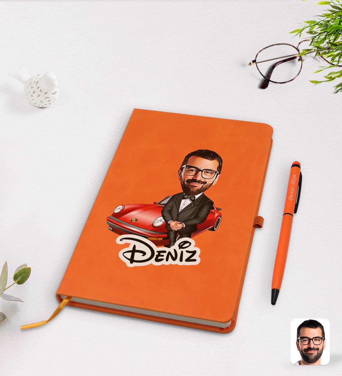 Kişiye Özel Erkek Patron Karikatürlü Turuncu Termo Deri Defter Kalem Seti Model 1