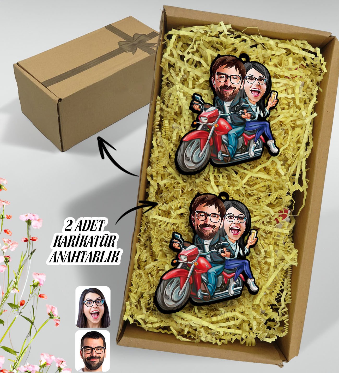 BK Gift Hediye Kutulu Kişiye Özel Sevgililer Karikatürlü Ahşap 2'li Ahşap Anahtarlık-97