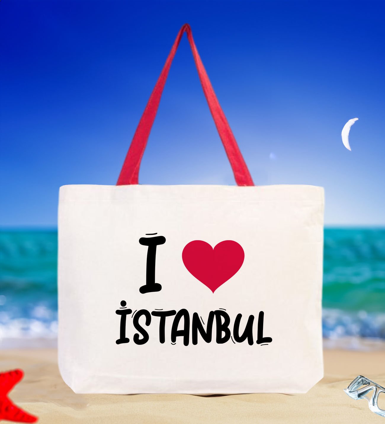 BK Gift I Love İstanbul Kırmızı Renkli Kulp Kanvas Plaj Çantası 48x40m, Baskılı Omuz Çantası, Alışveriş Çantası