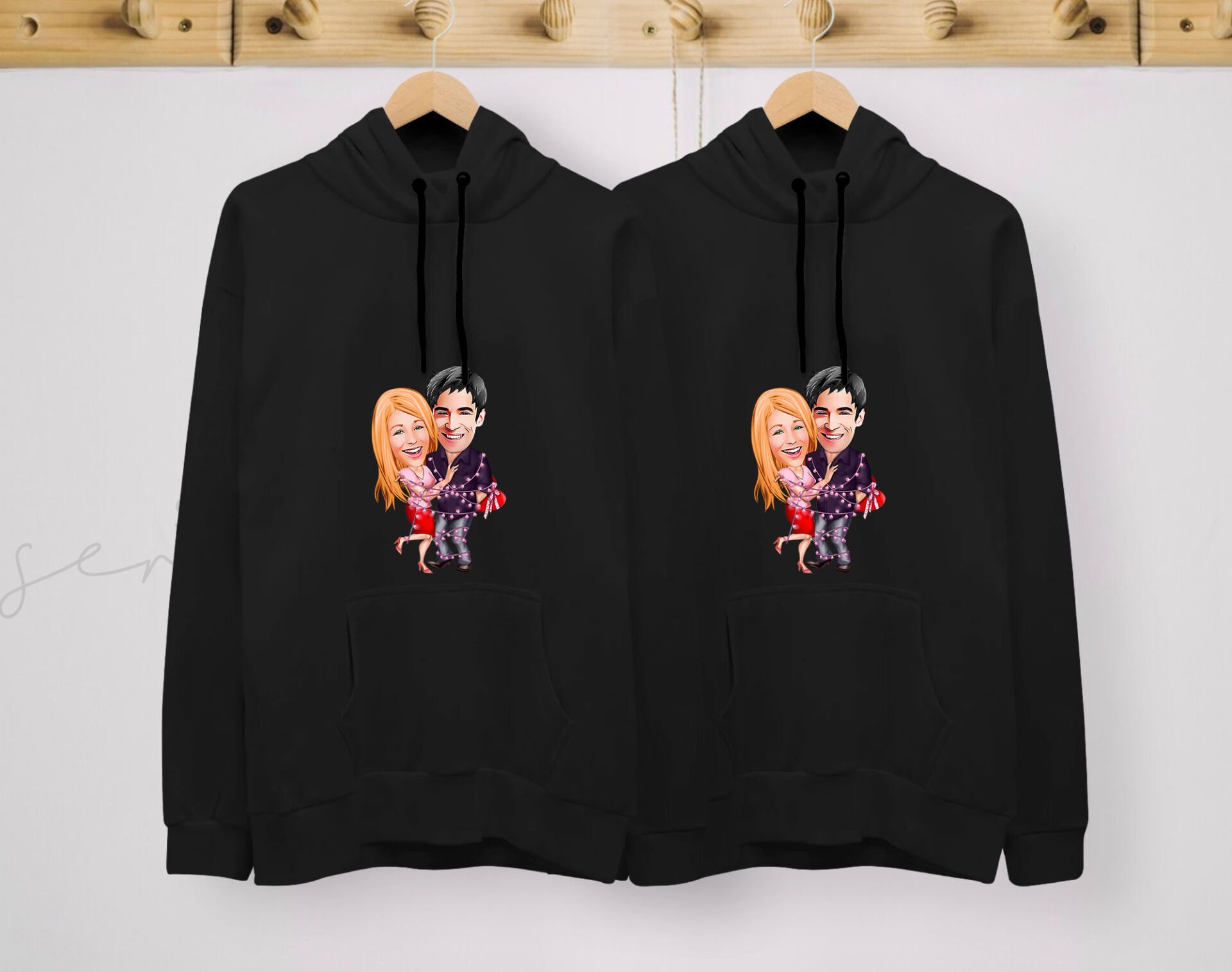 BK Gift Kişiye Özel Sevgililer Karikatürlü İkili Siyah Sweatshirt Seti, Sevgililer Hediye, Çift Hediyesi, Yıl Dönümü Hediyesi, Kişiye Özel Sweatshirt-2