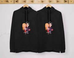 BK Gift Kişiye Özel Sevgililer Karikatürlü İkili Siyah Sweatshirt Seti, Sevgililer Hediye, Çift Hediyesi, Yıl Dönümü Hediyesi, Kişiye Özel Sweatshirt-2