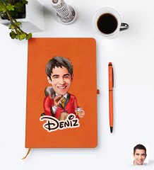 Kişiye Özel Erkek Patron Karikatürlü Turuncu Termo Deri Defter Kalem Seti Model 2