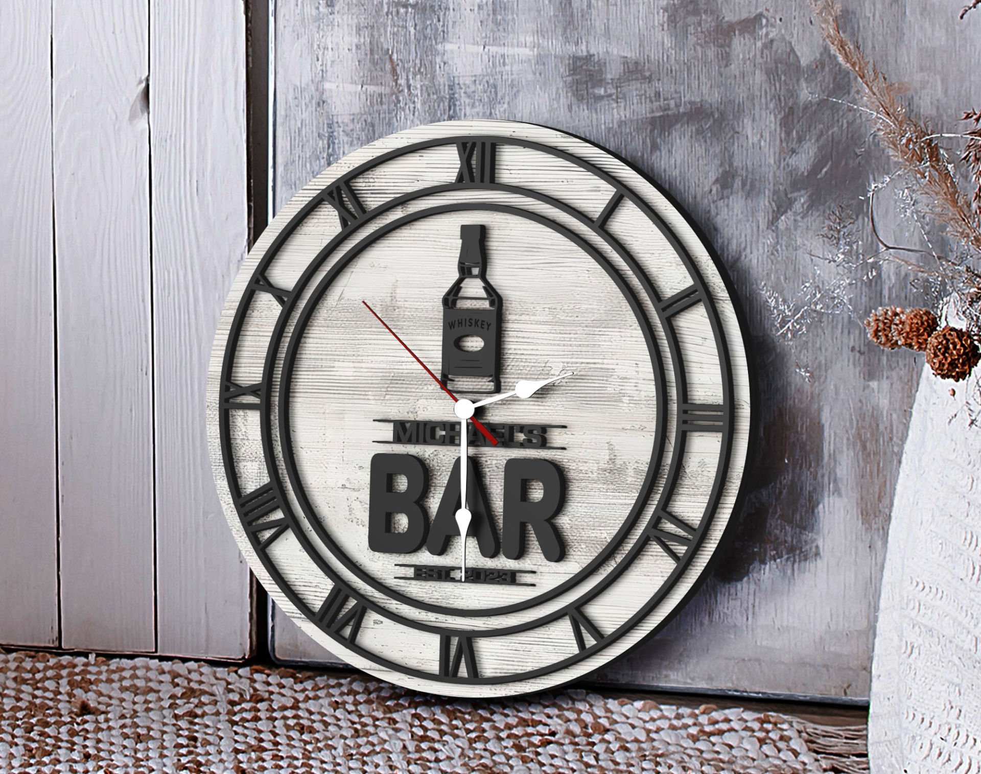 BK Gift Barlara Özel Dekoratif Antik Beyaz Ahşap Duvar Saati 35cm-11 , Bar Duvar Saati , Cafe Duvar Saati , Özel Ahşap Saat