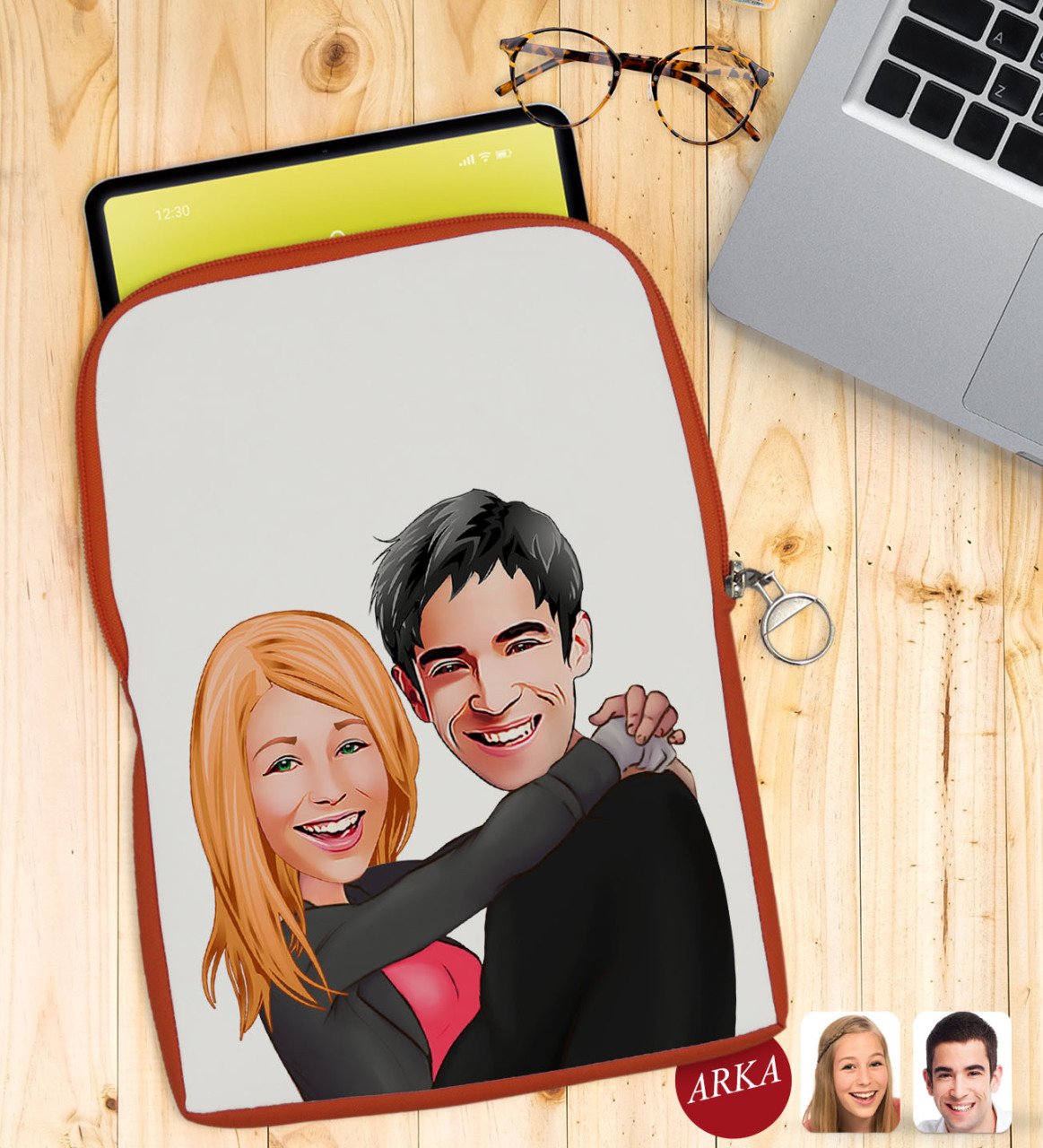 Kişiye Özel Sevgililer Karikatürlü Taşınabilir Koruyucu Tablet Kılıfı & Organizer Çanta - Turuncu-88