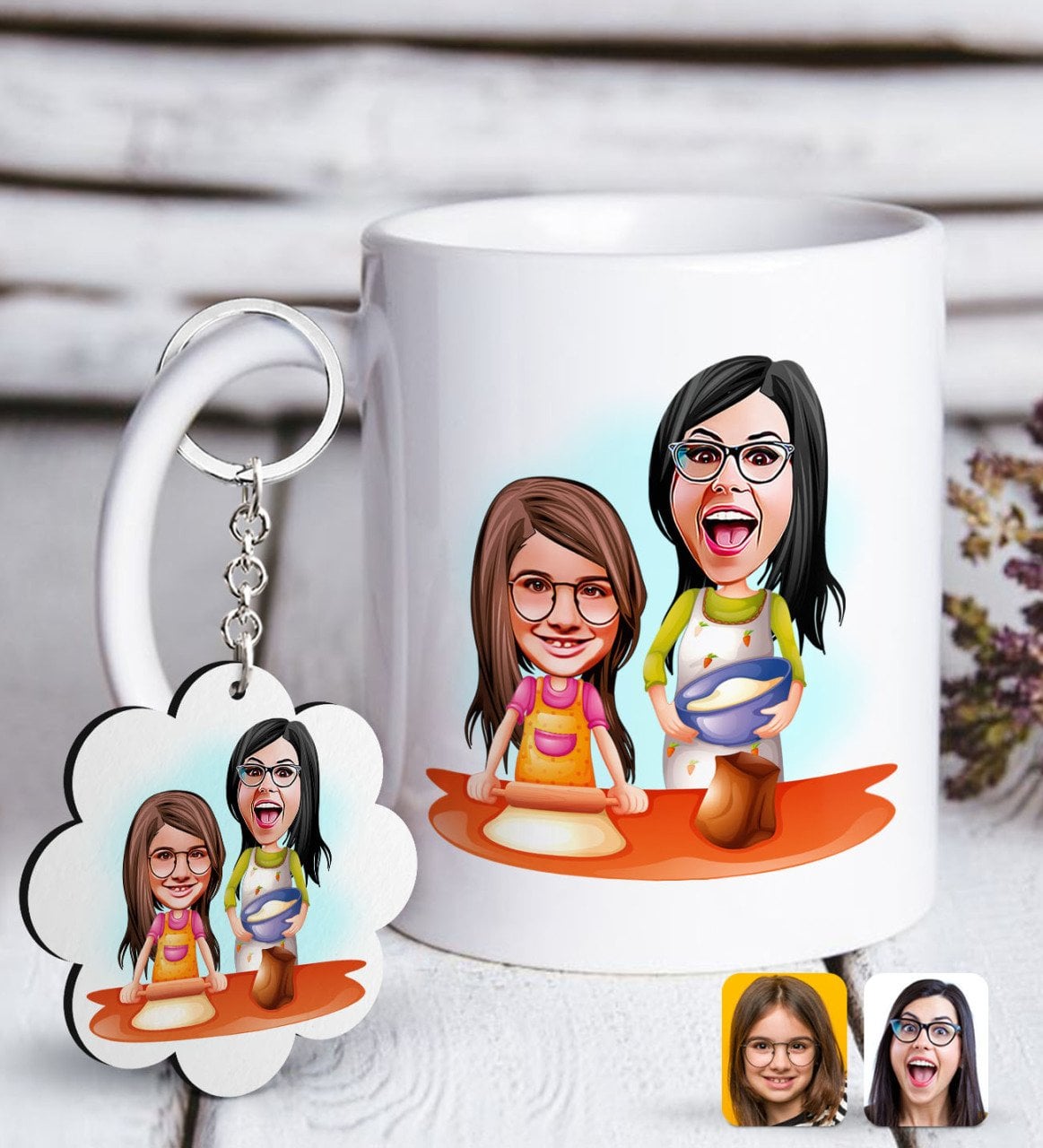 Kişiye Özel Anne Kız Karikatürlü Beyaz Kupa ve Anahtarlık Hediye Seti-2