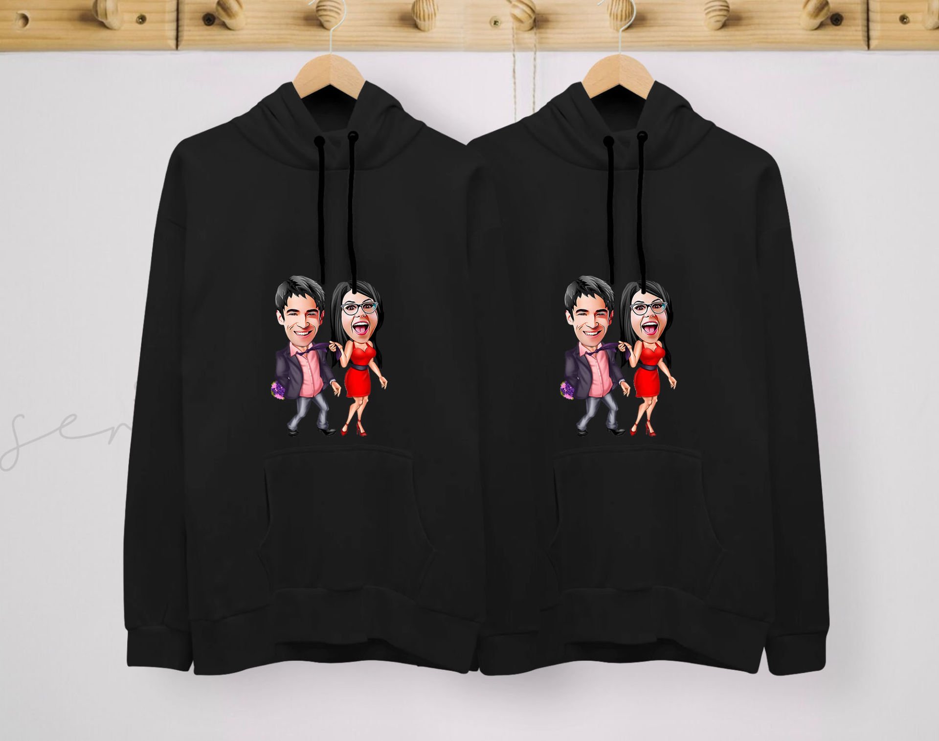 BK Gift Kişiye Özel Sevgililer Karikatürlü İkili Siyah Sweatshirt Seti, Sevgililer Hediye, Çift Hediyesi, Yıl Dönümü Hediyesi, Kişiye Özel Sweatshirt-4