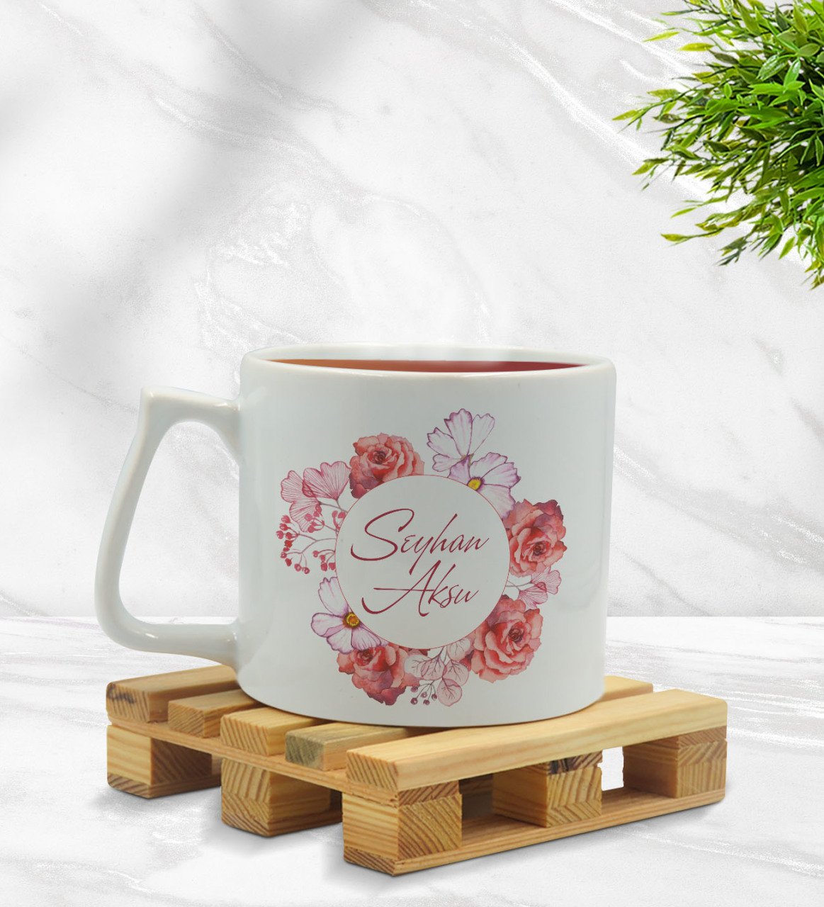 Kişiye Özel Çiçek Tasarımlı Middle Beyaz Kupa Bardak Model 2