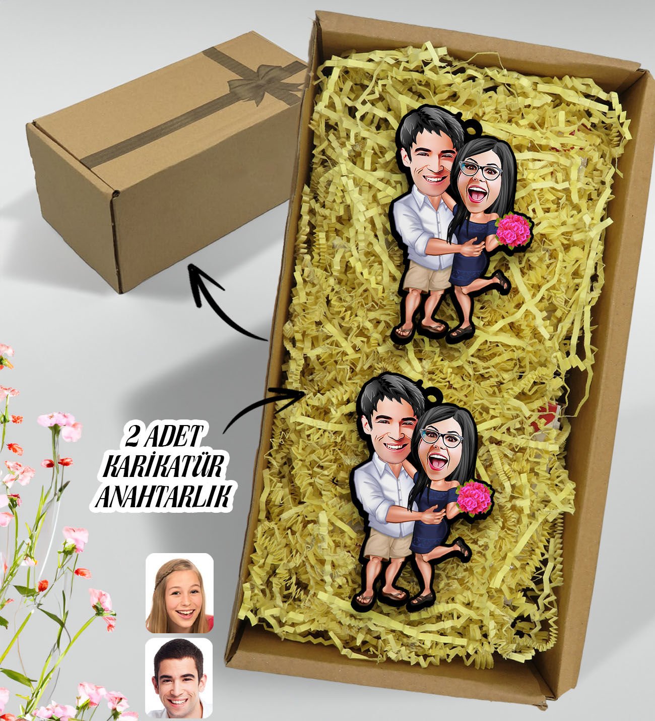 BK Gift Hediye Kutulu Kişiye Özel Sevgililer Karikatürlü Ahşap 2'li Ahşap Anahtarlık-108