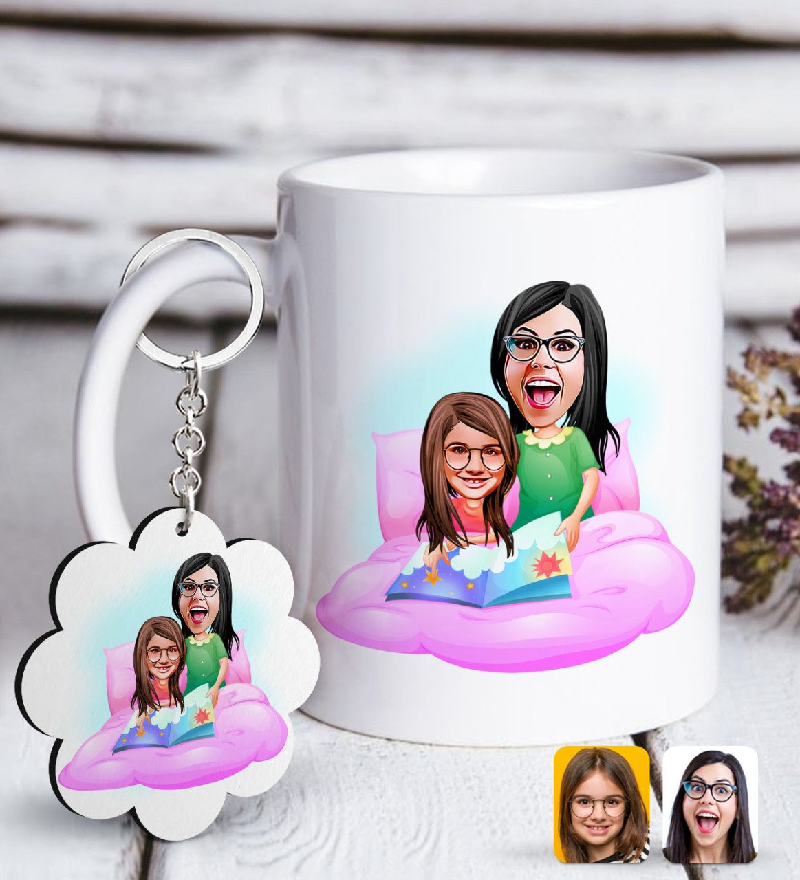 Kişiye Özel Anne Kız Karikatürlü Beyaz Kupa ve Anahtarlık Hediye Seti-3