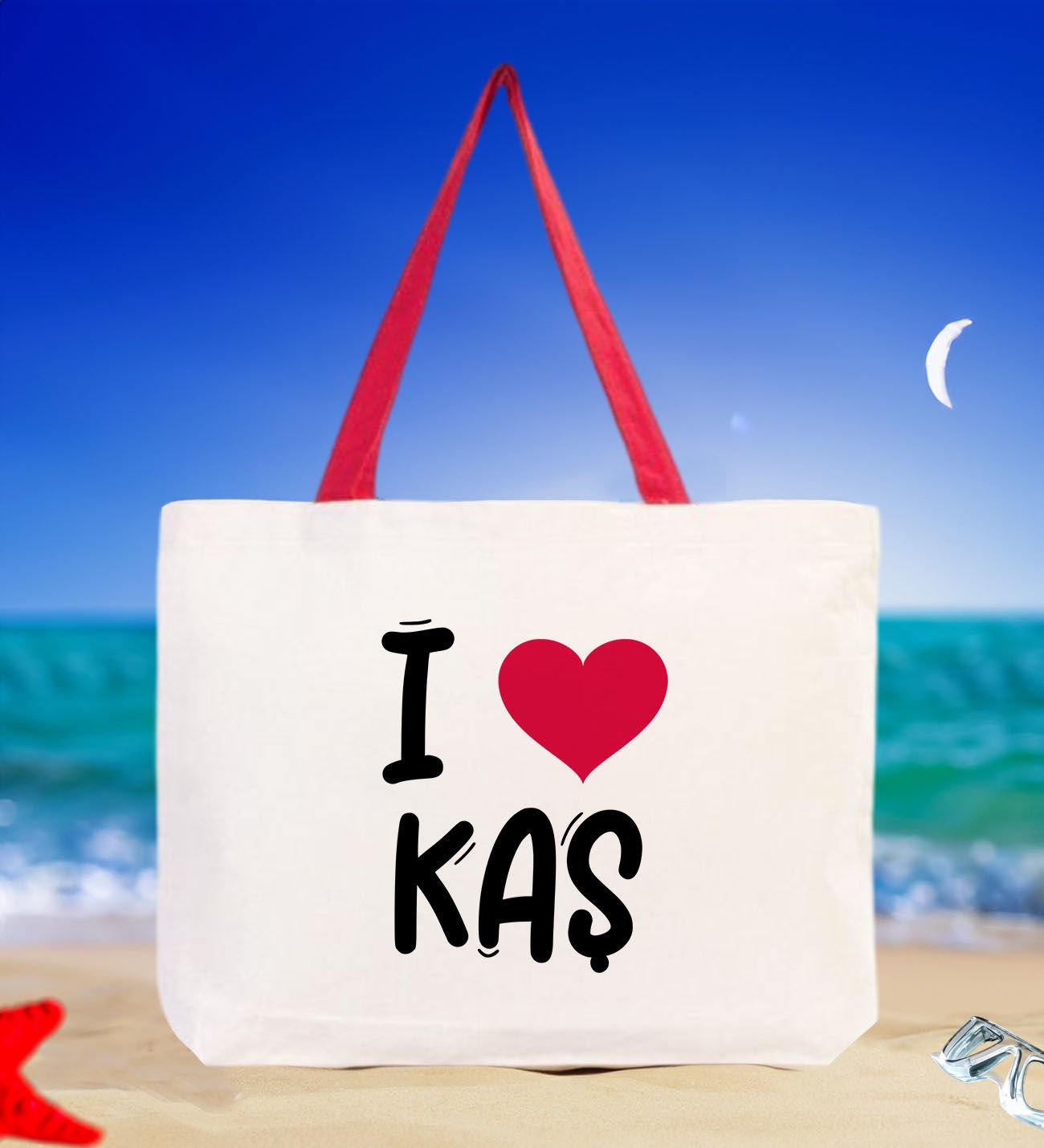 BK Gift I Love Kaş Kırmızı Renkli Kulp Kanvas Plaj Çantası 48x40m, Baskılı Omuz Çantası, Alışveriş Çantası