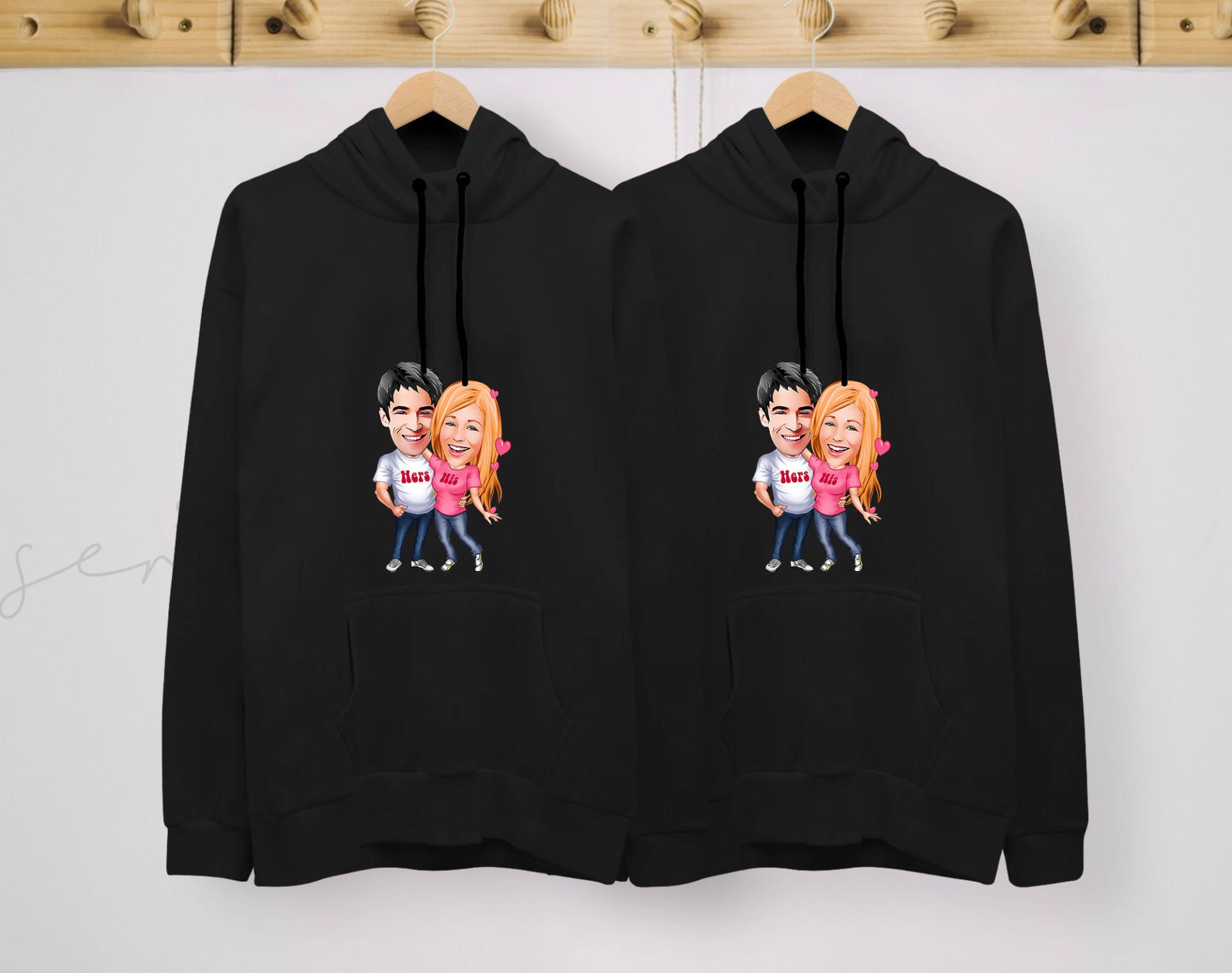 BK Gift Kişiye Özel Sevgililer Karikatürlü İkili Siyah Sweatshirt Seti, Sevgililer Hediye, Çift Hediyesi, Yıl Dönümü Hediyesi, Kişiye Özel Sweatshirt-5