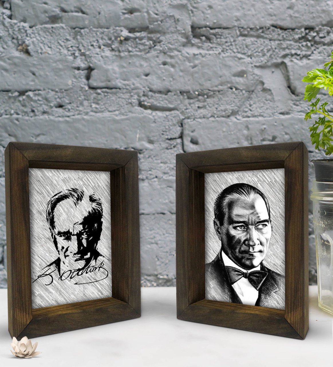 Bk Gift Atatürk Tasarımlı Dekoratif 2'li Doğal Masif Ahşap Çerçeve 15x20cm-16