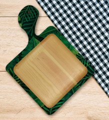 BK Gift Yapraklar Tasarımlı Kare Şeklinde Doğal Ahşap Servis ve Sunum Tabağı Model 10