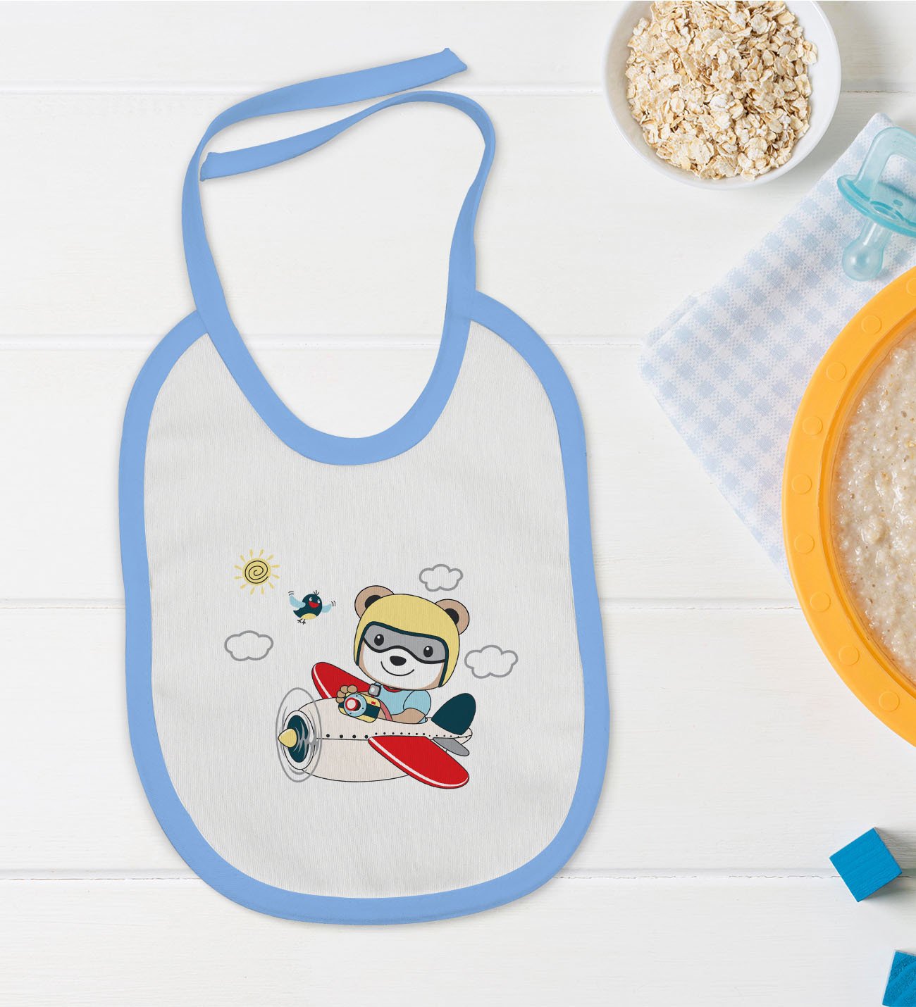 BK Kids Sevimli Pilot Tasarımlı Mavi Bebek Mama Önlüğü