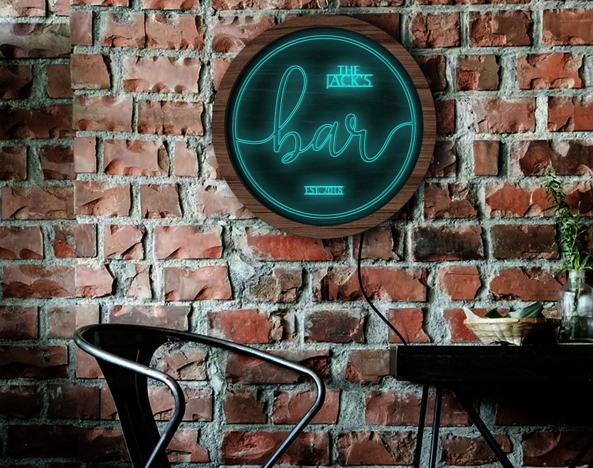 BK Gift Kişiye Özel Led Işıklı Yuvarlak Bar Tabelası, Işıklı Tabela, Bar Dekorasyonu, Duvar Dekoru, Home Bar Tabela-4 - (39CM)